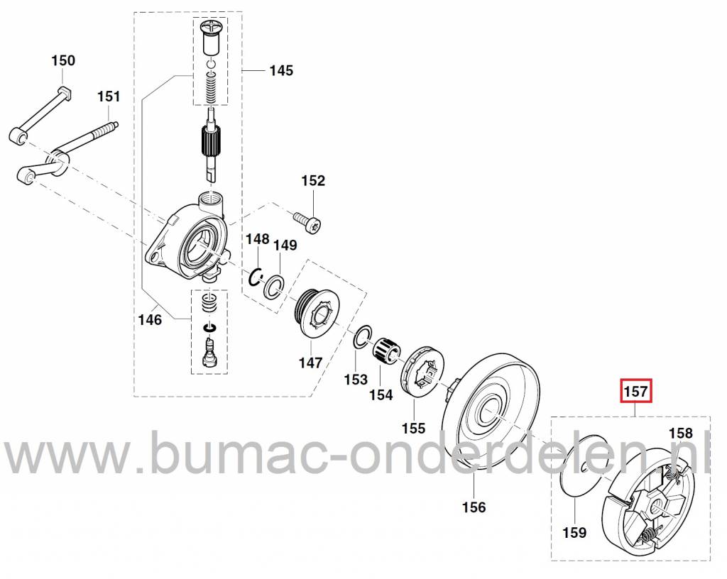 Koppeling DOLMAR Kettingzaag 109, 110, 111, 115, PS5105, Makita DCS430, DCS431, DCS520, DCS540, DCS2501, DCS4300, DCS5200i, Dolmar, Makita Centrifugaalkoppeling voor Kettingzagen, Motorzagen, Centrifugaal Koppelingen Dolmar, Makita Motorzaag onderdeel
