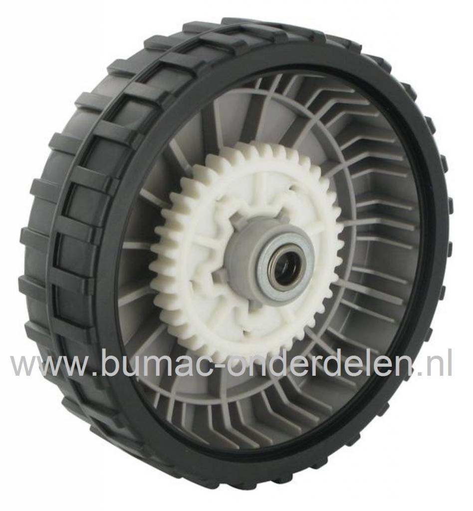 Wiel Ø 200 mm ALKO - BRILL - YAMAHA Grasmaaiers, Grasmaaierwiel AL-KO Powerline 4800 BR XXL, Yamaha YLM, Wiel Compleet met Tandwiel, Lagers en Wieldop, Alko, Brill Grasmaaiers, Benzinemaaiers, Cirkelmaaiers, Grasmaaimachines, Rad200rt Kpl Xxl46, onderdeel