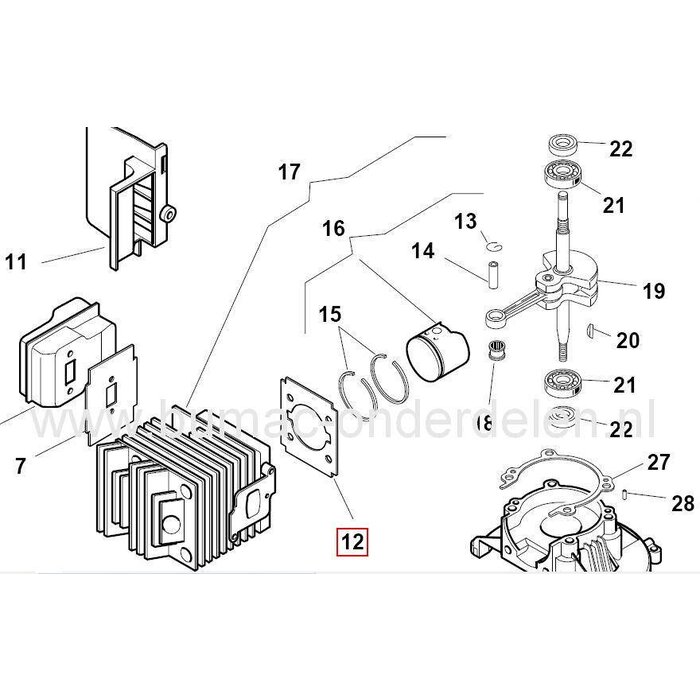 Cilinderpakking voor Heggenschaar - Bosmaaier - Grastrimmer van Stiga - CastelGarden - Alpina en Mountfied SH160, XH55, MH2522, HT55, ST225J, ST29J, SB25J, SB25D, SB27J, SB29J, ST291, XR25J, XB28, MT25J, MB25J, MT26, MB26, TR25J, Star 28