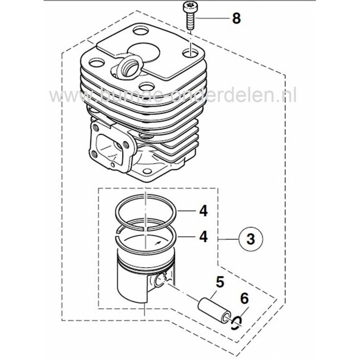 Cilinder met Zuiger Ø 47 mm voor Dolmar 309 Motorslijper, Bandenzaag, Doorslijper Cylinder Compleet met Zuiger, Pistonpen, Zuigerveren en Borgclips voor Dolmar en Makita