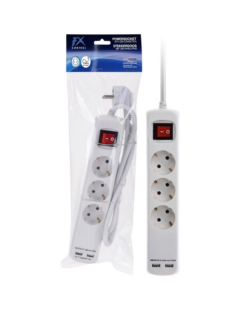 FXcontrol Stekkerdoos 3V - RA - 2x USB - 1.40m - 3x1.5mm