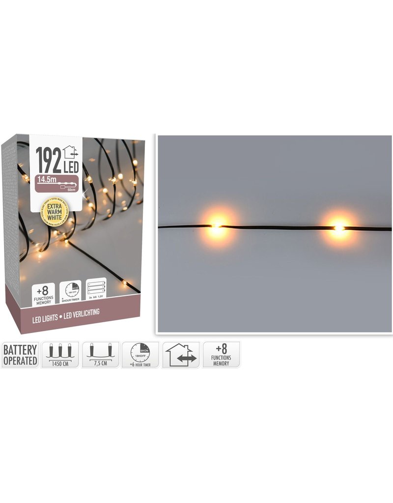 LED Verlichting  192 LED - extra warm wit - op batterij - 8 Lichtfuncties - Timer - Soft Wire