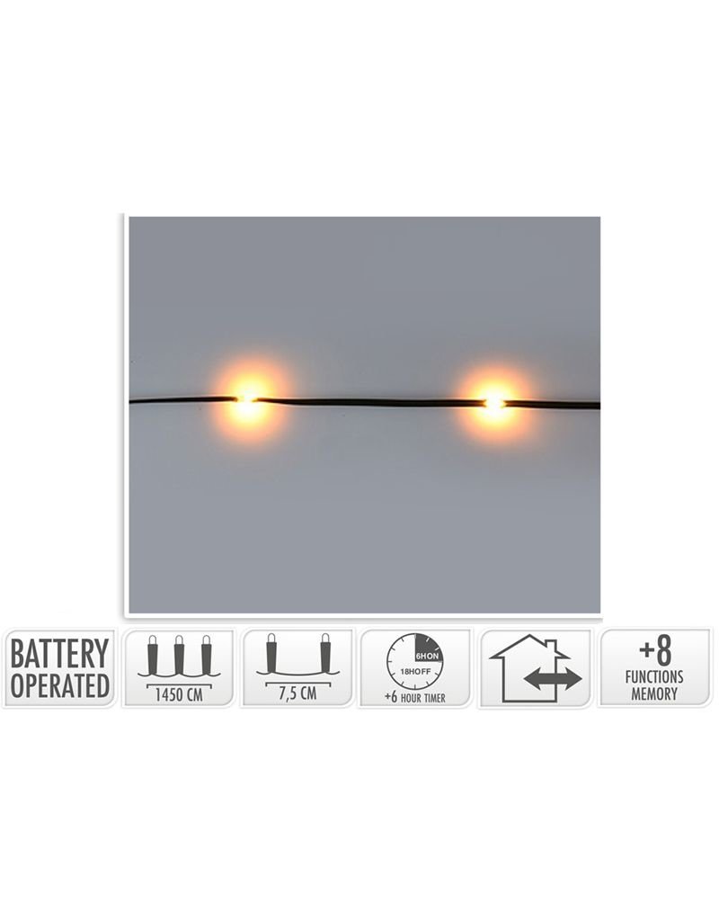 LED Verlichting  192 LED - extra warm wit - op batterij - 8 Lichtfuncties - Timer - Soft Wire