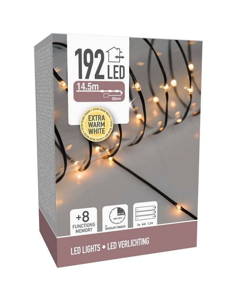 LED Verlichting  192 LED - extra warm wit - op batterij - 8 Lichtfuncties - Timer - Soft Wire
