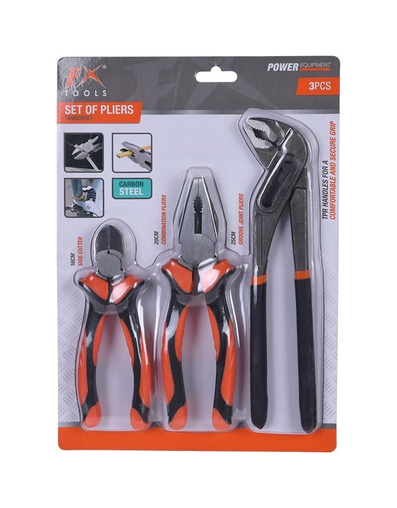 FX Tools FXTools Tangenset - 3-delig - Zijsnijtang - Combinatietang - Waterpomptang