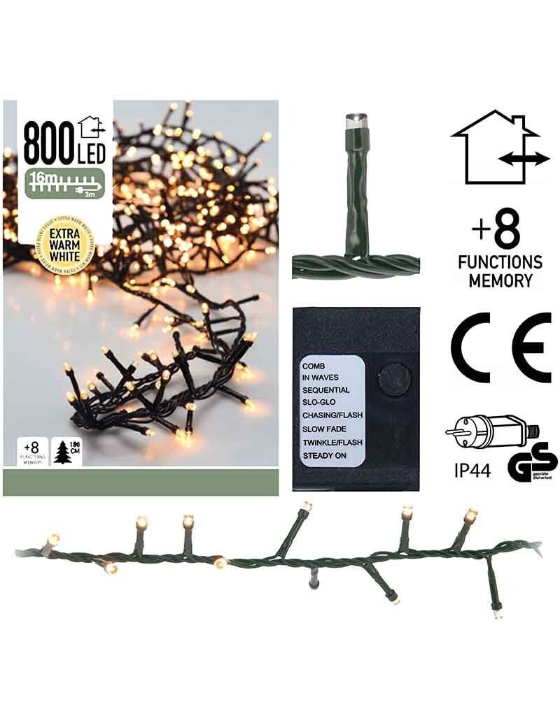 Micro Cluster 800 LED's  -16 meter - extra warm wit - 8 functies + geheugen