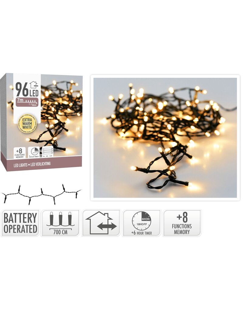 Kerstverlichting 96 led - 7m - extra warm wit - Batterij - Lichtfuncties - Geheugen - Timer