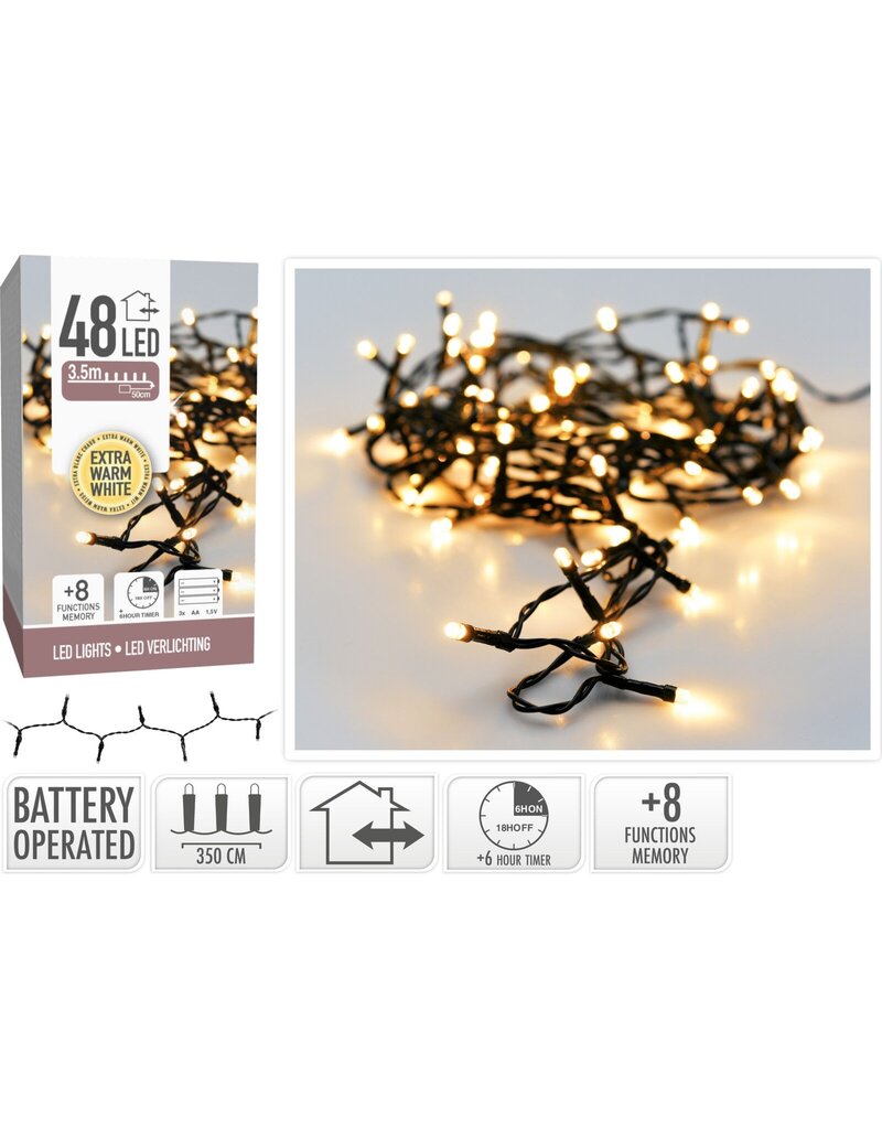 Kerstverlichting 48 led - 3.50m - extra warm wit - Batterij - Lichtfuncties - Geheugen - Timer