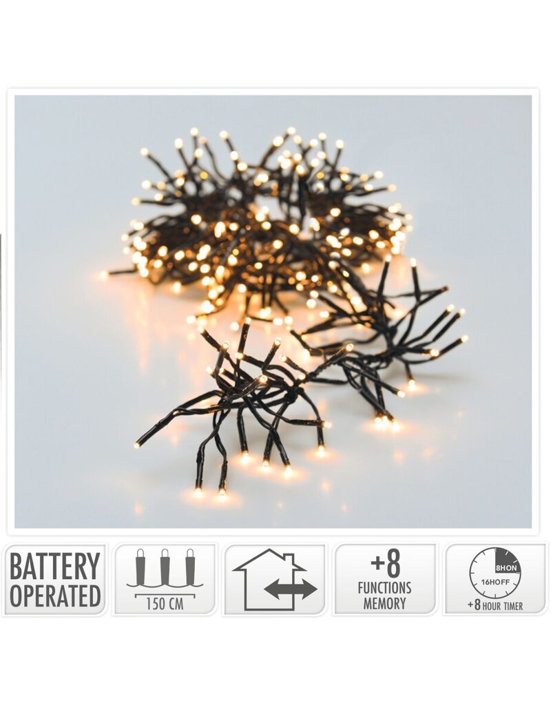 Clusterverlichting 192 led -  1.4m - warm wit - Batterij - Lichtfuncties - Geheugen - Timer