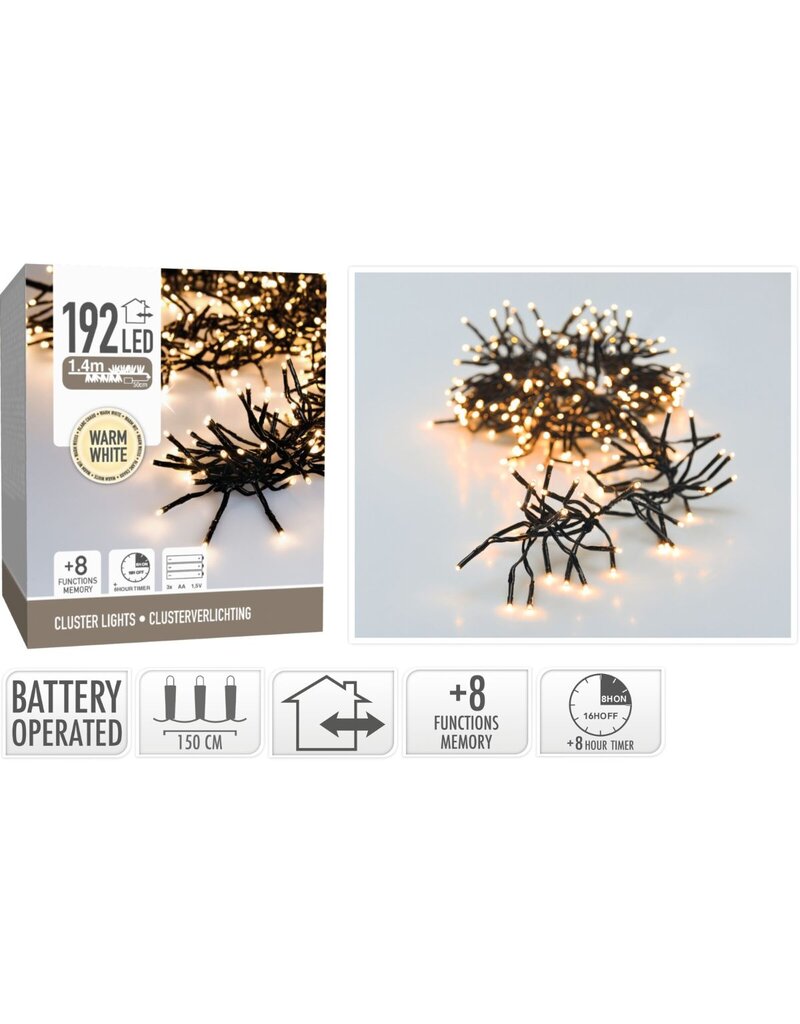 Clusterverlichting 192 led -  1.4m - warm wit - Batterij - Lichtfuncties - Geheugen - Timer