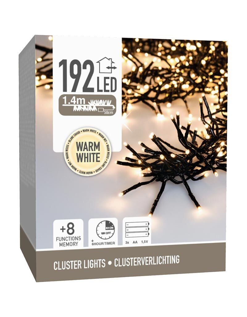 Clusterverlichting 192 led -  1.4m - warm wit - Batterij - Lichtfuncties - Geheugen - Timer