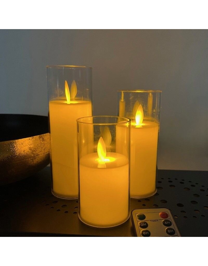 Led Kaars met Behuizing - bewegende vlam - batterijen meegeleverd - Afstandsbediening - set van 3