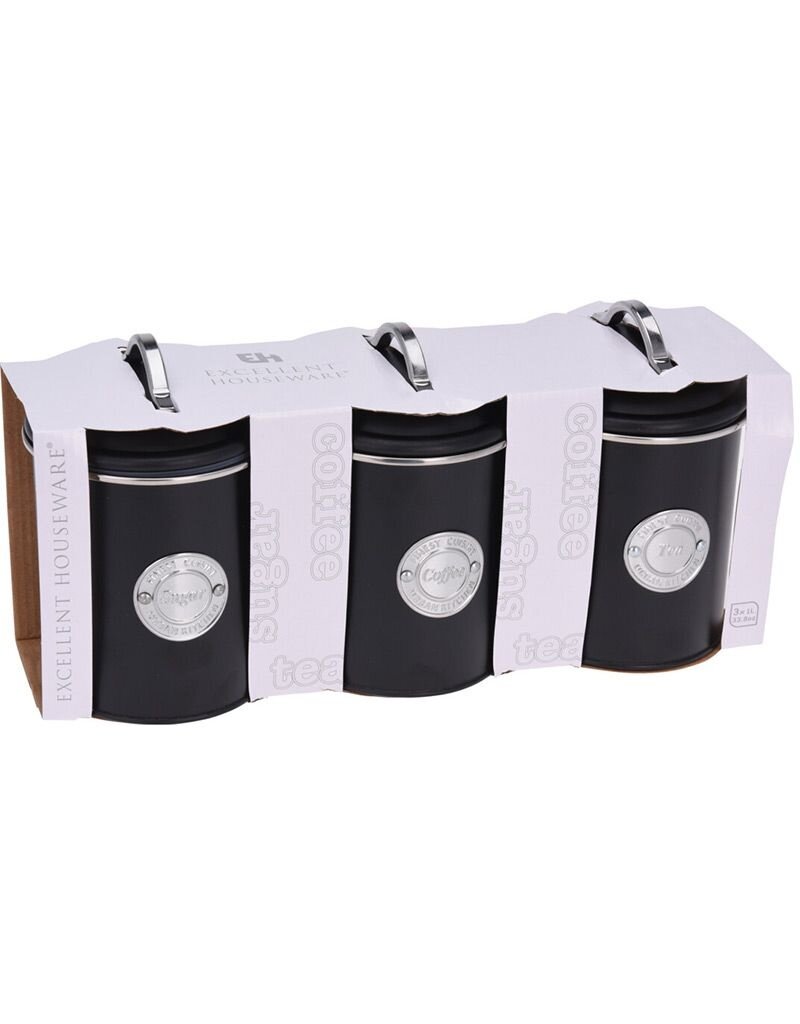 Excellent Houseware Voorraadbussen Klassiek zwart - set van 3 stuks