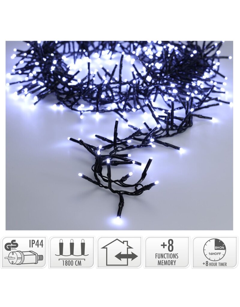 Maxi Cluster Kerstverlichting - 1200 led - 18m - wit - Timer - Lichtfuncties - Geheugen - Buiten