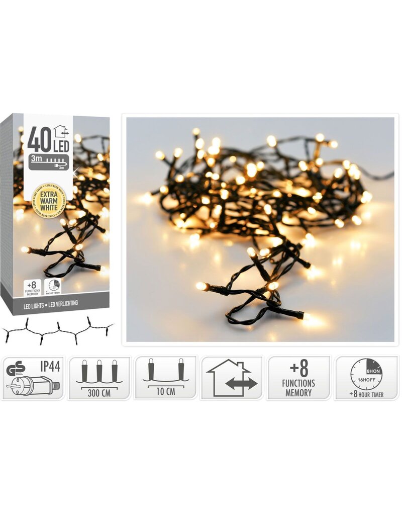 Kerstverlichting 40 led- 3m - extra warm wit - Timer - Lichtfuncties - Geheugen - Buiten