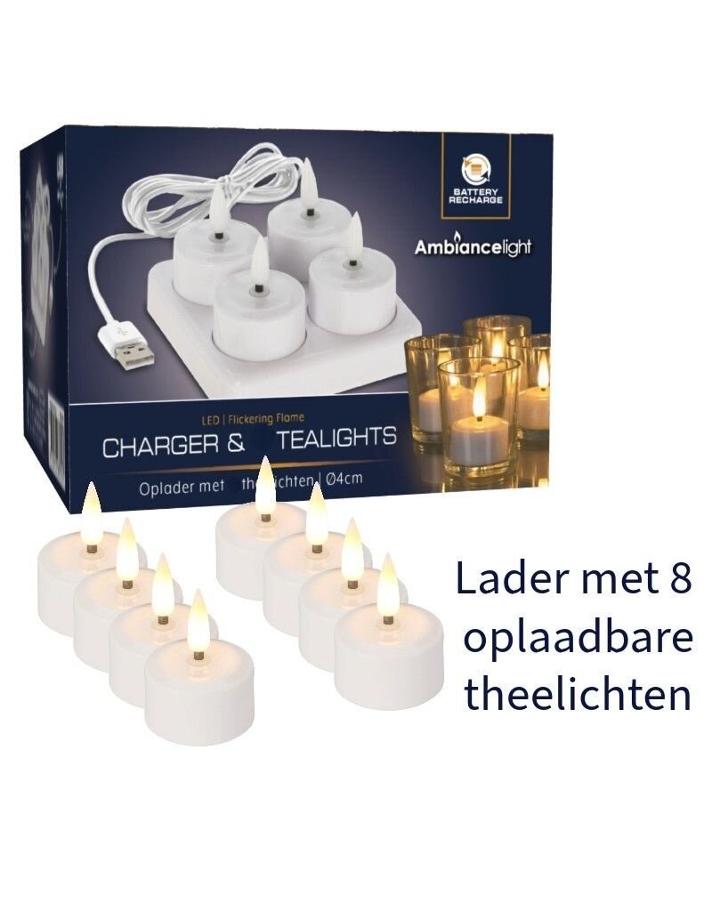 Ambiancelight 8 Oplaadbare LED Theelichtjes met Lader
