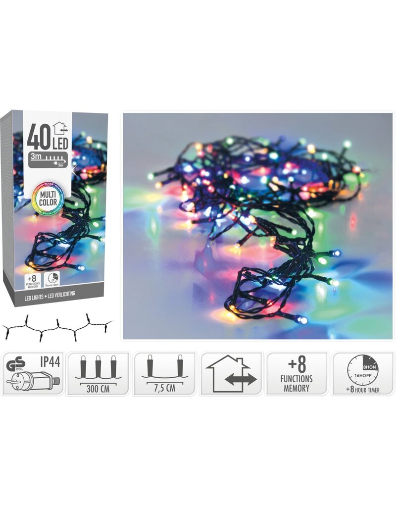 Kerstverlichting 40 led- 3m - multicolor - Timer - Lichtfuncties - Geheugen - Buiten