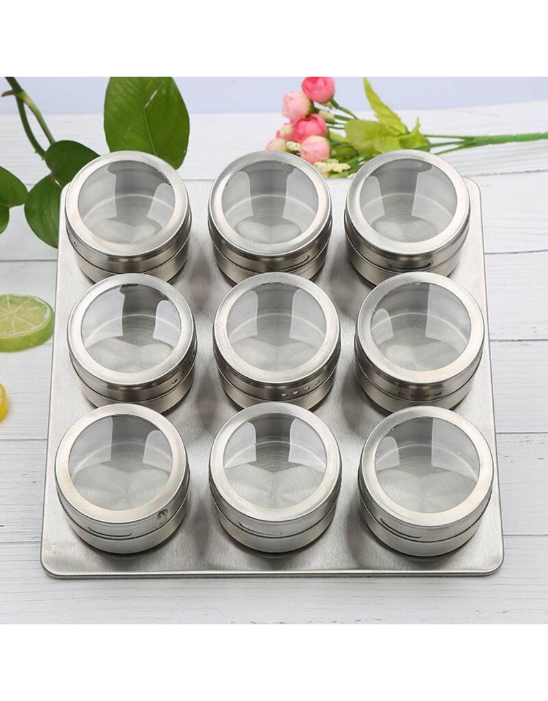 Kruidenrek Magnetisch - 9 RVS Kruidenpotjes