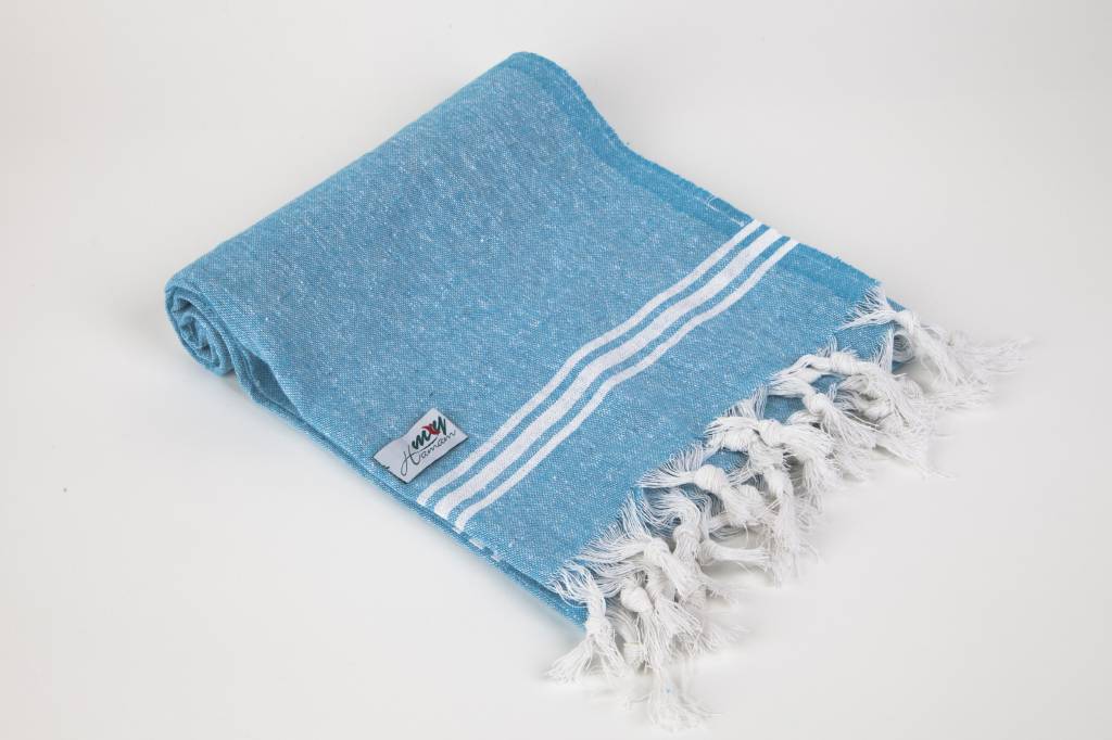 Hamamdoek "bahar" Turquoise/wit met franjes
