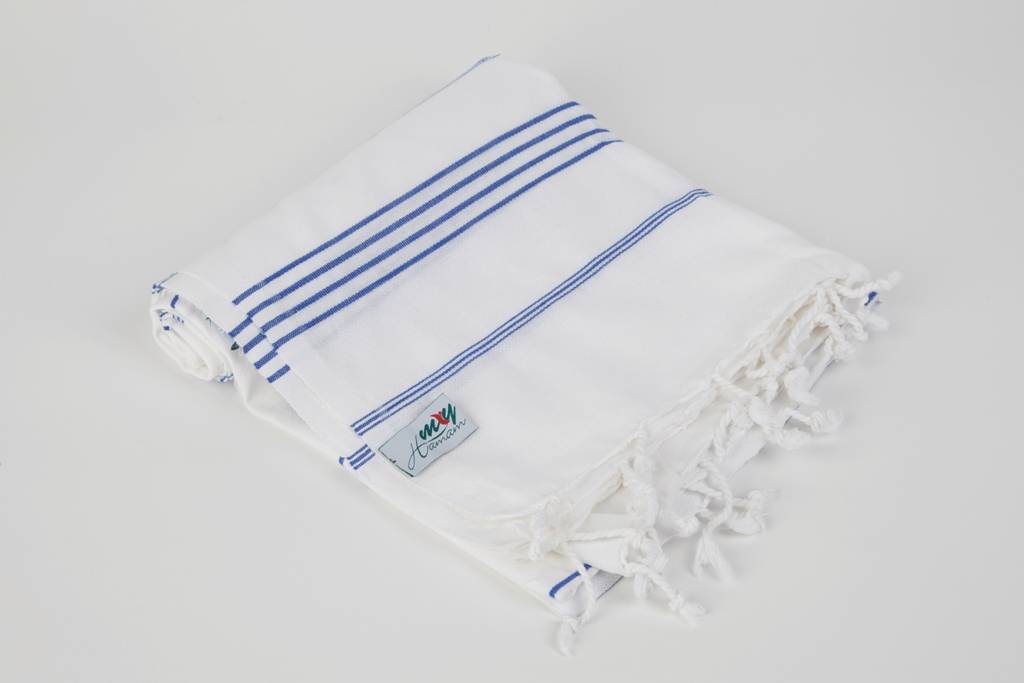 Hamamdoek "Sultan" Wit met blauwe strepen