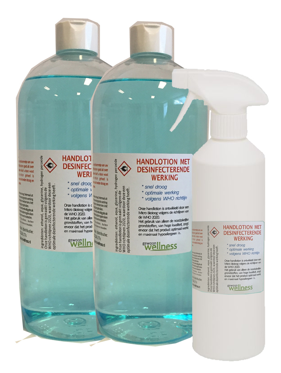 hand lotion met desinfecterende werking 2 x 1 liter en 1x 0,5 liter in sprayfles