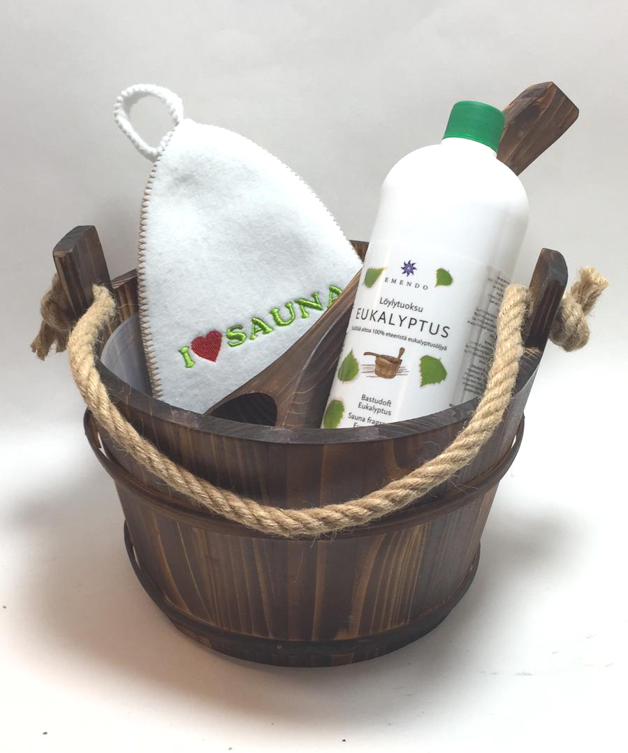 saunaset cadeau set emmer met touw en lepel, eucalyptus en saunamuts