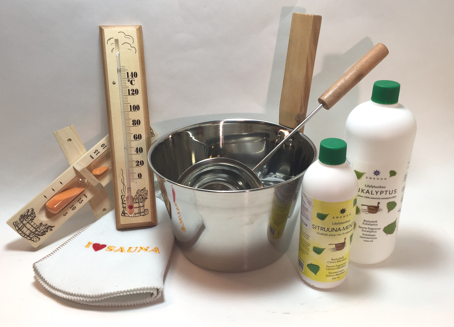 saunaset cadeau set stalen emmer en lepel,zandloper, thermometer, saunamuts en 2 saunageuren