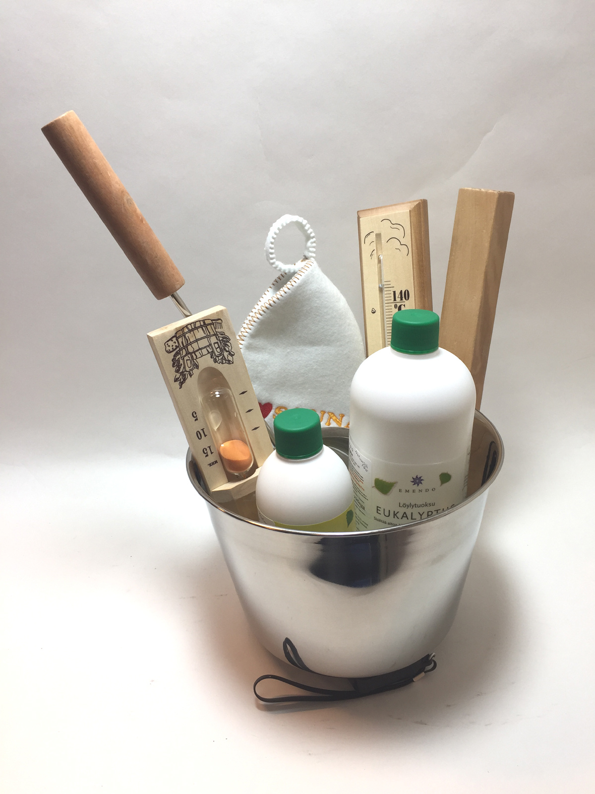 saunaset cadeau set stalen emmer en lepel,zandloper, thermometer, saunamuts en 2 saunageuren
