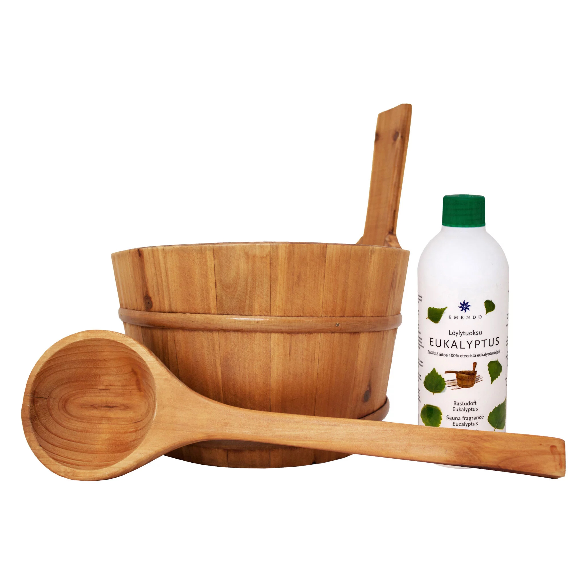 Saunaset, Houten gelakte sauna emmer 3 liter met kunsstof inzetbak, lepel en saunageur Eucalyptus 500ml