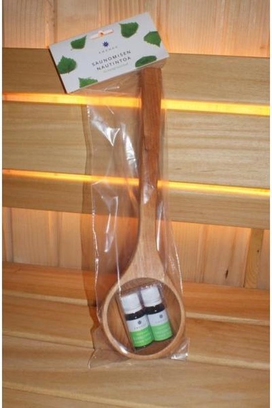 Saunalepel gelakt met 2 etherische olie 10ml. Eucalyptus en Savusauna