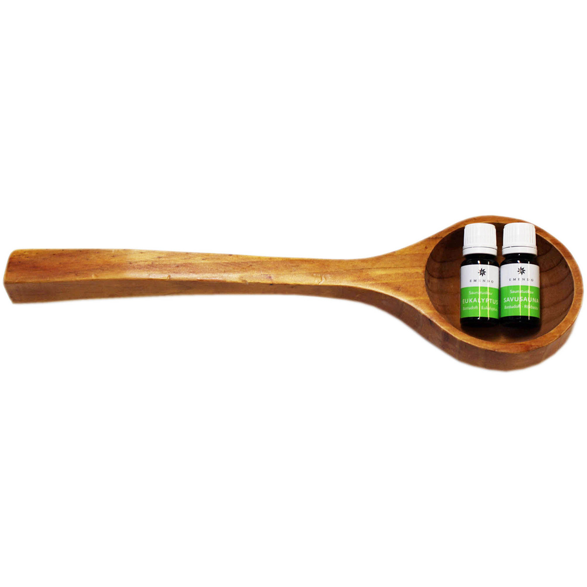 Saunalepel gelakt met 2 etherische olie 10ml. Eucalyptus en Savusauna