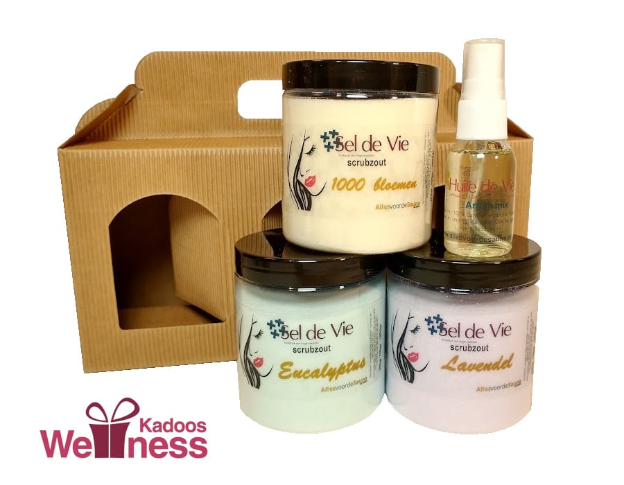 Luxe Scrubzout pakket 3 x 300 gram met Argan olie. In mooie geschenkverpakking