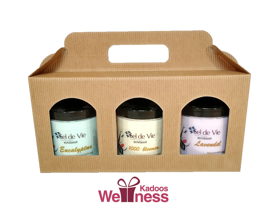 Luxe Scrubzout pakket 3 x 300 gram met Argan olie. In mooie geschenkverpakking