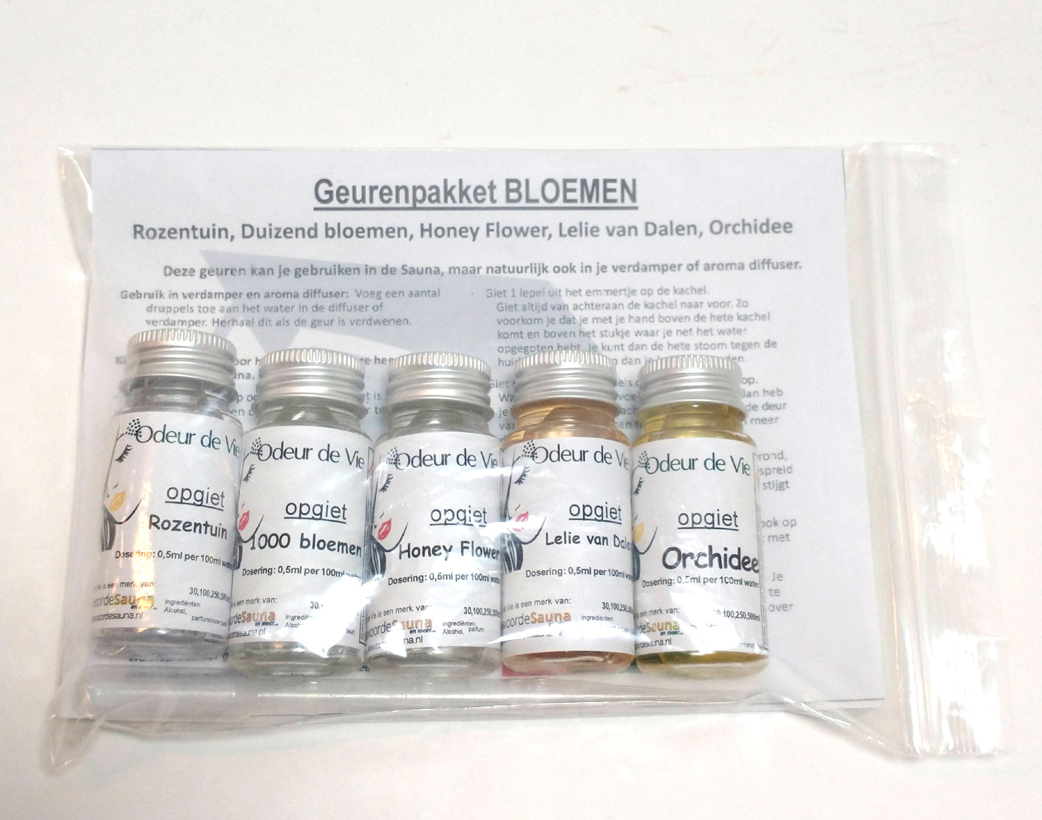 Cadeaupakket Sauna opgiet geur: 5x30ml Bloemen met minicursus opgieten