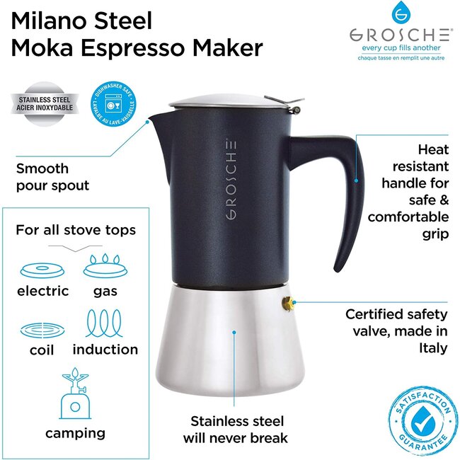 Grosche - Milano | Blacksteel 6 cups (Zwart) - Coffee Maker