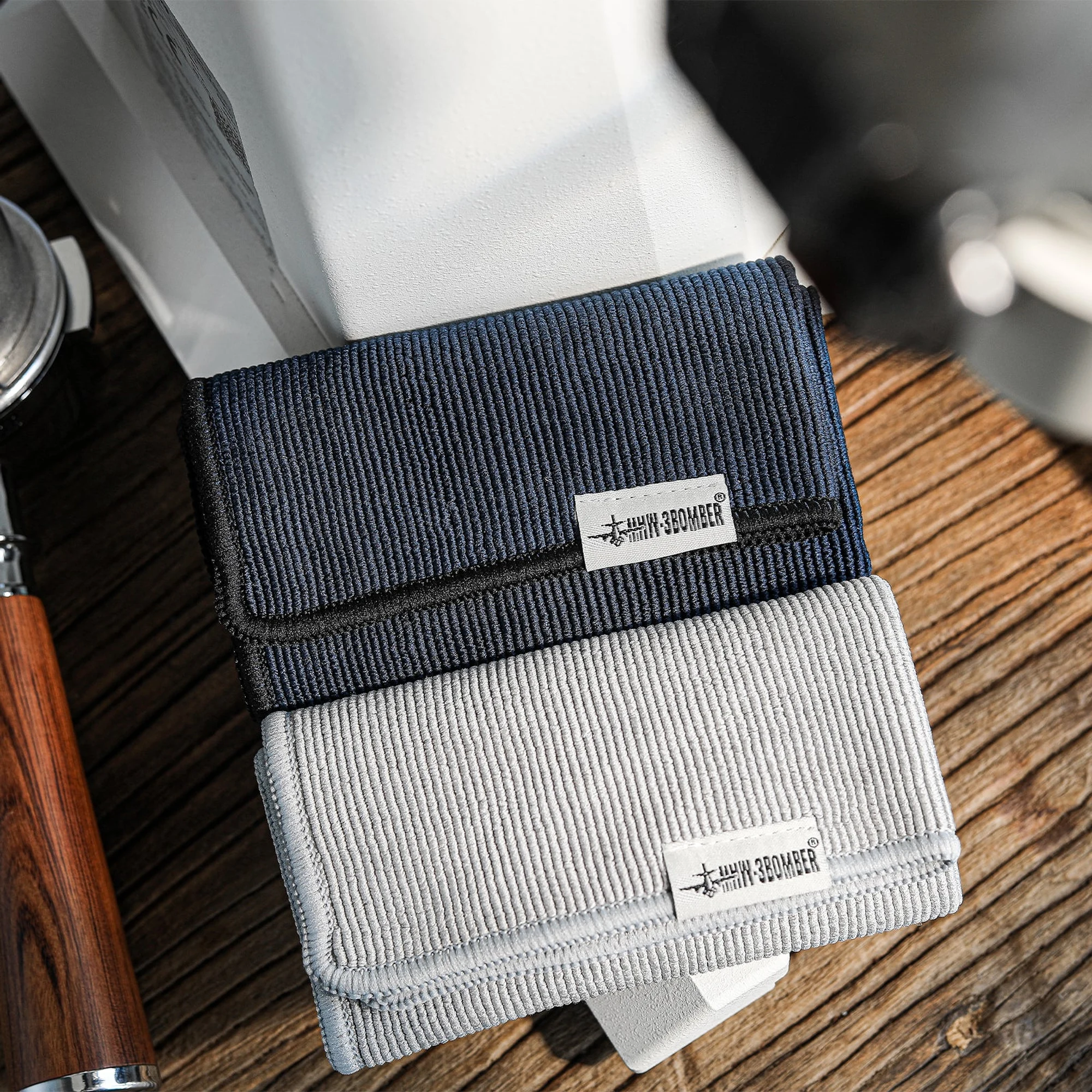 MHW-3Bomber Set van vier barista-doeken | 2 grijs en 2 donkerblauw