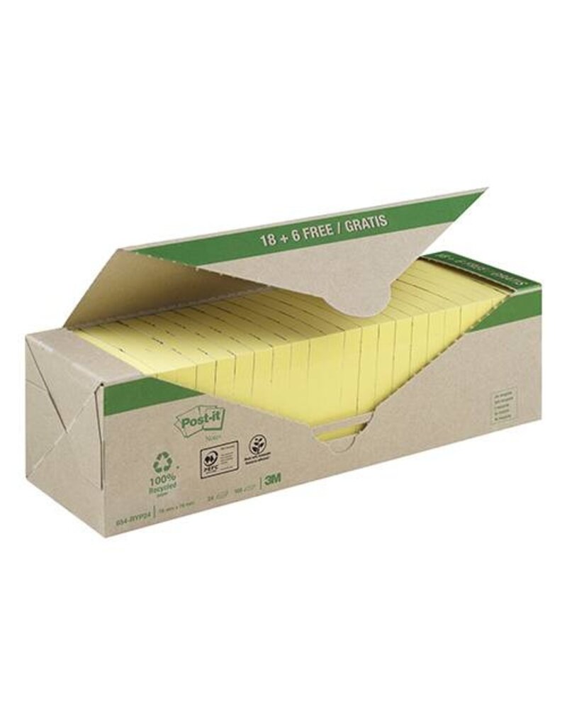 POST-IT Haftnotizblock 24x100BL Recycling gelb POST-IT 654-RYP24 18+6 Gratis 76x76mm