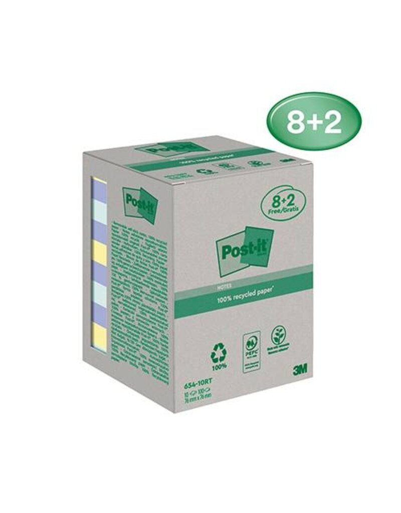 POST-IT Haftnotizblock 10x100BL Recycling färbig POST-IT 654-RCP10 8+2 Gratis 76x76mm