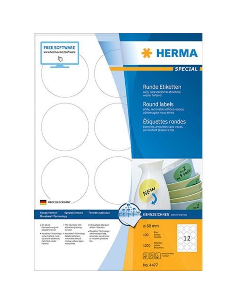 HERMA Universaletiketten D60mm weiß HERMA 4477 ablösbar