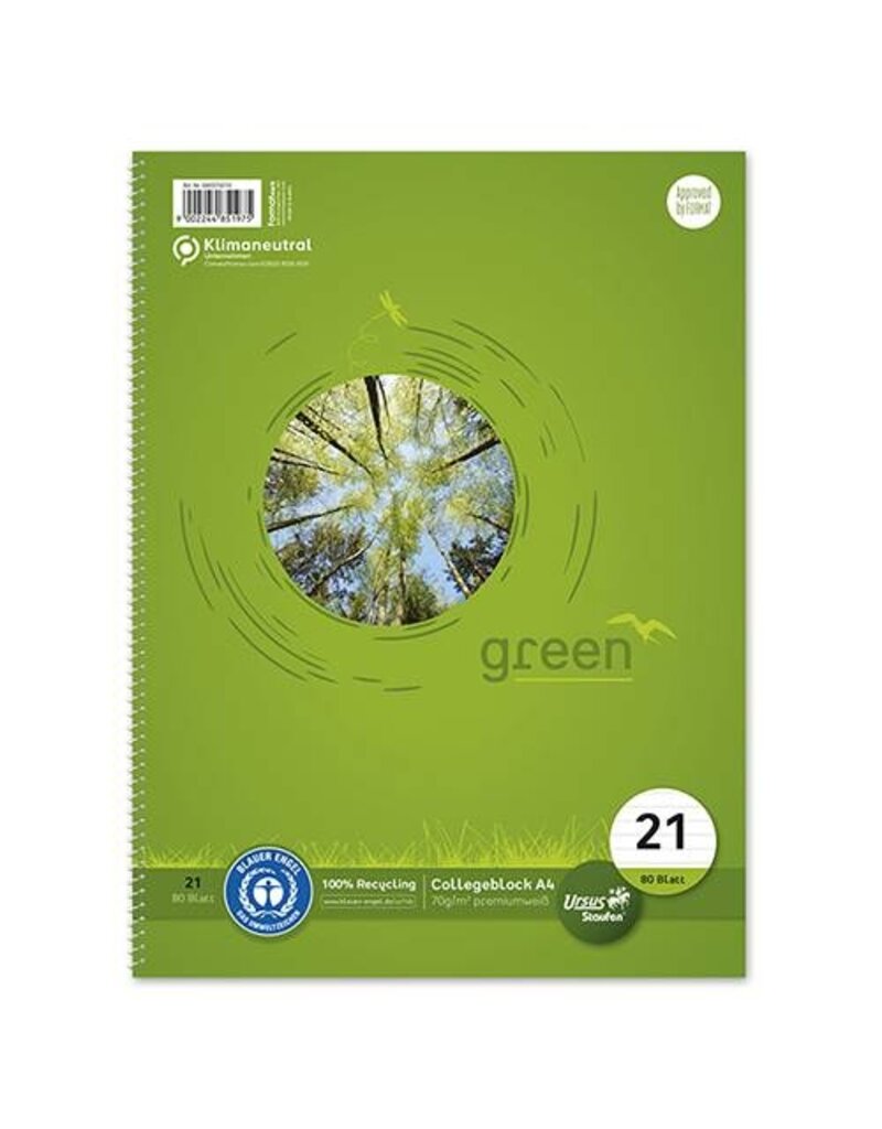 URSUS green Collegeblock A4 80BL liniert 9mm URSUS green 608570010 Recycling 70g