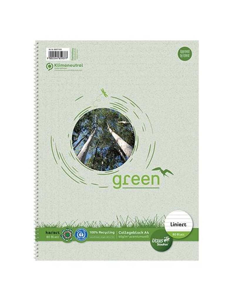 URSUS green Collegeblock A4 80BL liniert 9mm URSUS green 608571010 Recycling 60g