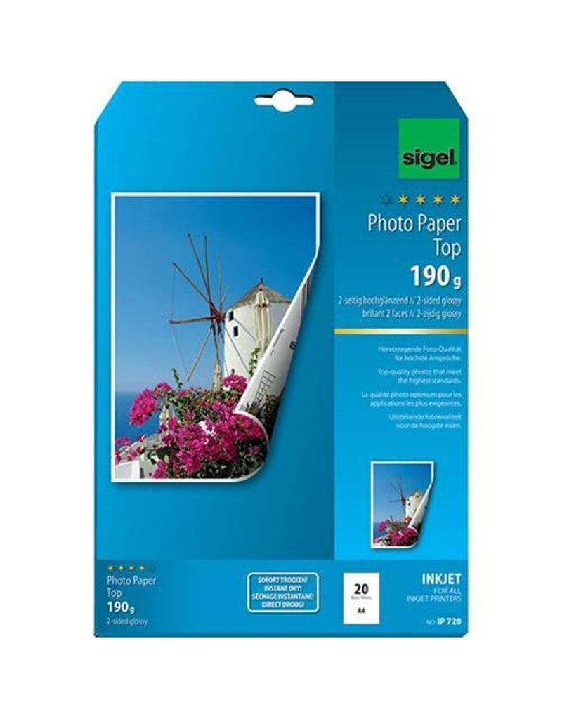 SIGEL Inkjet Fotopapier A4/190g 20BL hochweiß SIGEL IP720 Top hochglanz 2-seitig