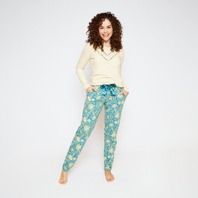 Charlie Choe Damen Pyjamahose Aqua Blue Flower