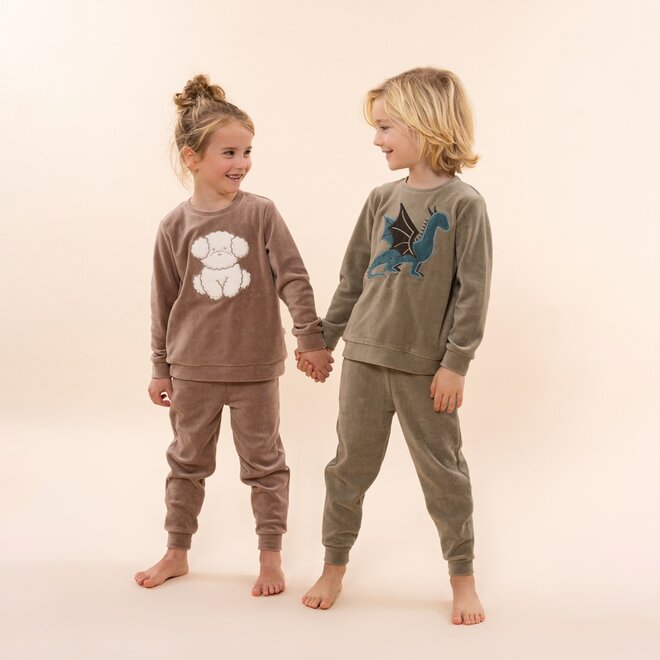 Charlie Choe Jongens Velours Set Donker Groen Draak