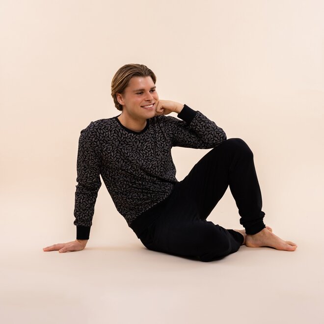 Charlie Choe Herren Pyjama Set Schwarz Blätter