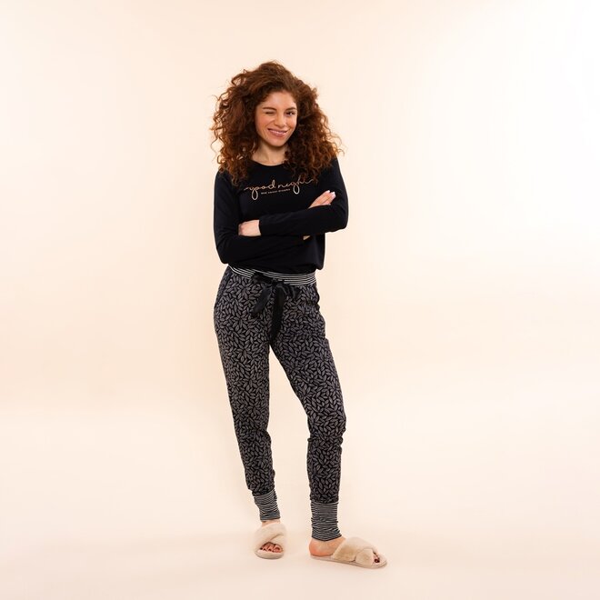 Charlie Choe Dames Pyjamabroek Zwart Blaadjes