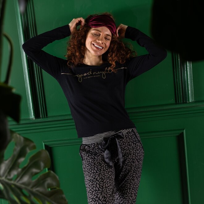 Charlie Choe Damen Pyjamahose Schwarz Blätter