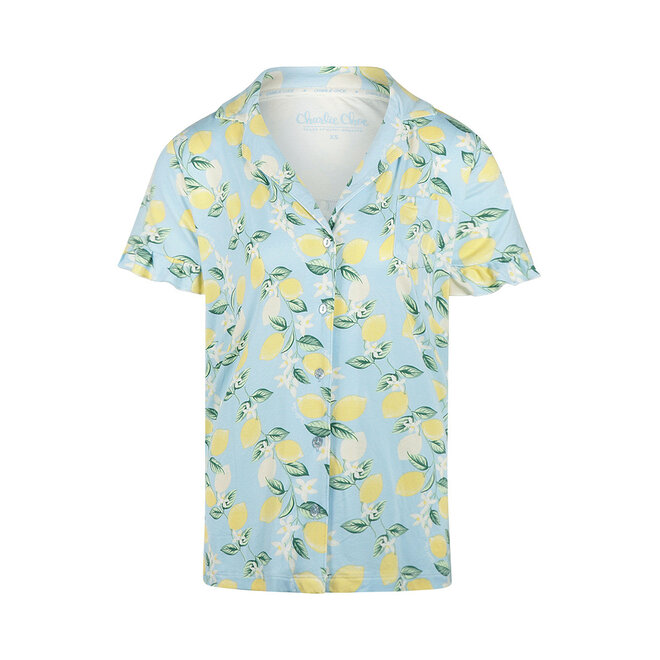 Charlie Choe Damen Rüschen-Pyjama-Shirt Hellblau Zitrone