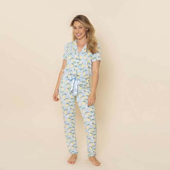 Charlie Choe Damen Rüschen-Pyjama-Shirt Hellblau Zitrone
