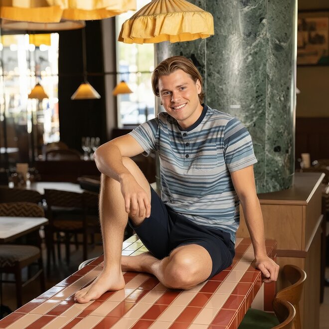 Charlie Choe Herren Pyjama Shortama Navy gestreift Knöpfe